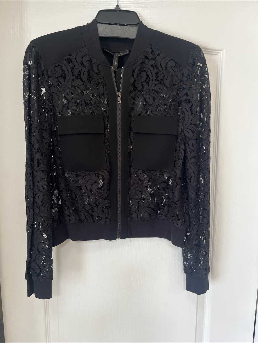 BCBGMaxAzria Women's Black Lace Bomber Jacket with Zip - Elegant Layering, NWT
